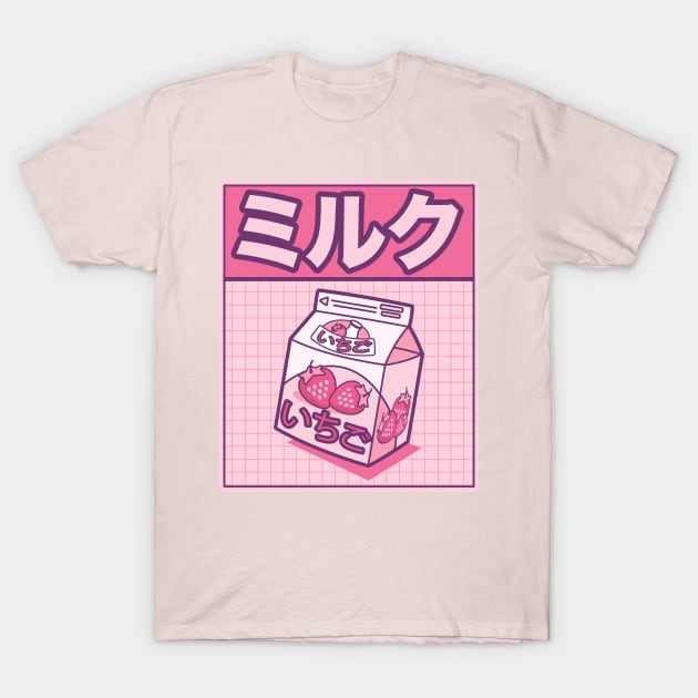 Japanese Strawberry Milk Kanjo Kawaii Grid Design T-Shirt by Huhnerdieb Apparel